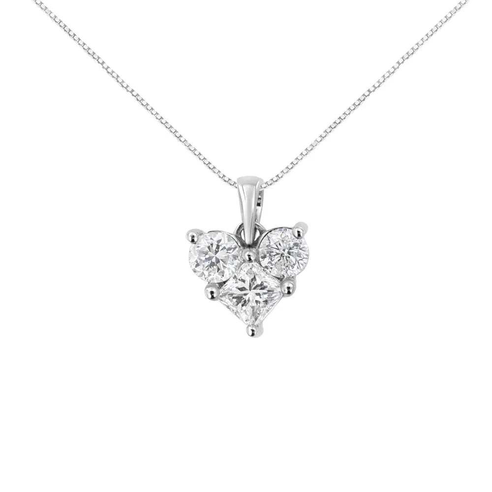 10K White Gold 1.0 Cttw Round-Cut and Princess-Cut Diamond Heart Shaped 18" Pendant Necklace (H-I Color, SI2-I1 Clarity) - Bijoux-NYC Direct
