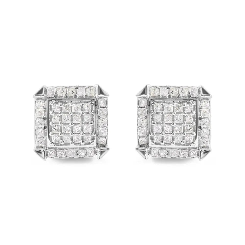 10K White Gold 1 1/10 Cttw Princess Diamond Composite and Halo Stud Earrings (I-J Color, I1-I2 Clarity) - Bijoux-NYC Direct