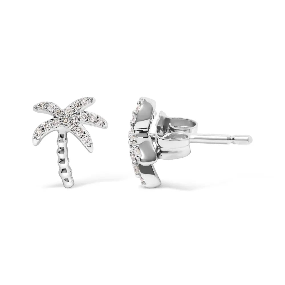 10K White Gold 1/10 Cttw Diamond Encrusted Palm Tree Stud Earrings (H-I Color, I1-I2 Clarity) - Bijoux-NYC Direct