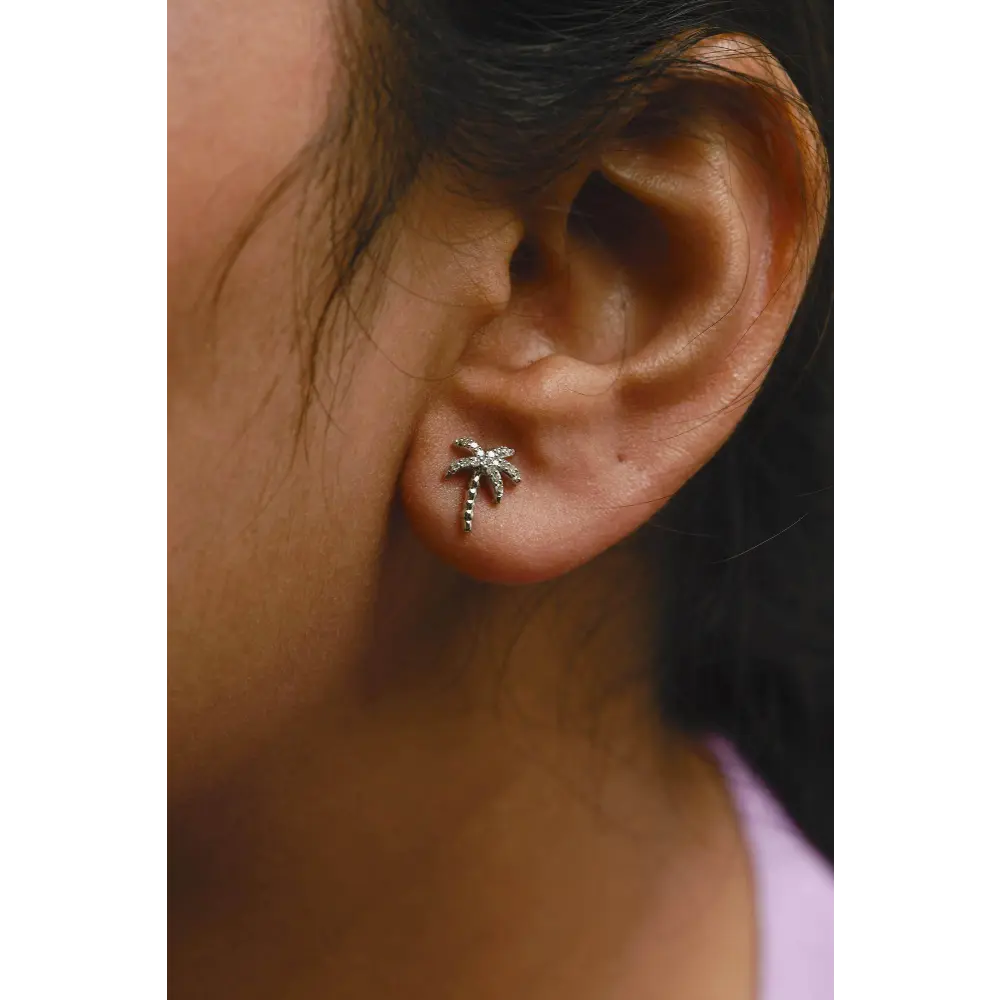10K White Gold 1/10 Cttw Diamond Encrusted Palm Tree Stud Earrings (H-I Color, I1-I2 Clarity) - Bijoux-NYC Direct
