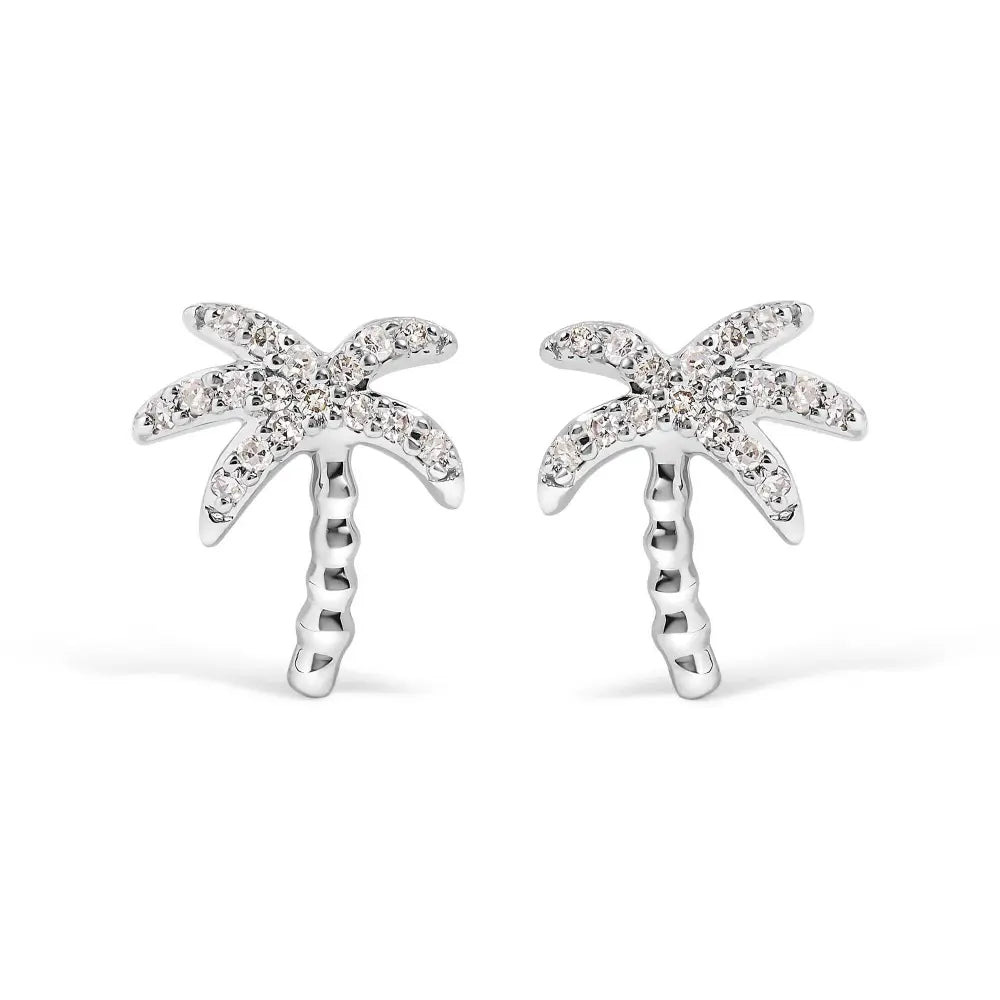 10K White Gold 1/10 Cttw Diamond Encrusted Palm Tree Stud Earrings (H-I Color, I1-I2 Clarity) - Bijoux-NYC Direct