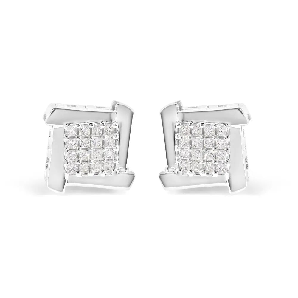 10K White Gold 1/2 Cttw Composite Princess Diamond Square and Swirl Stud Earrings (I-J Color, I1-I2 Clarity) - Bijoux-NYC Direct