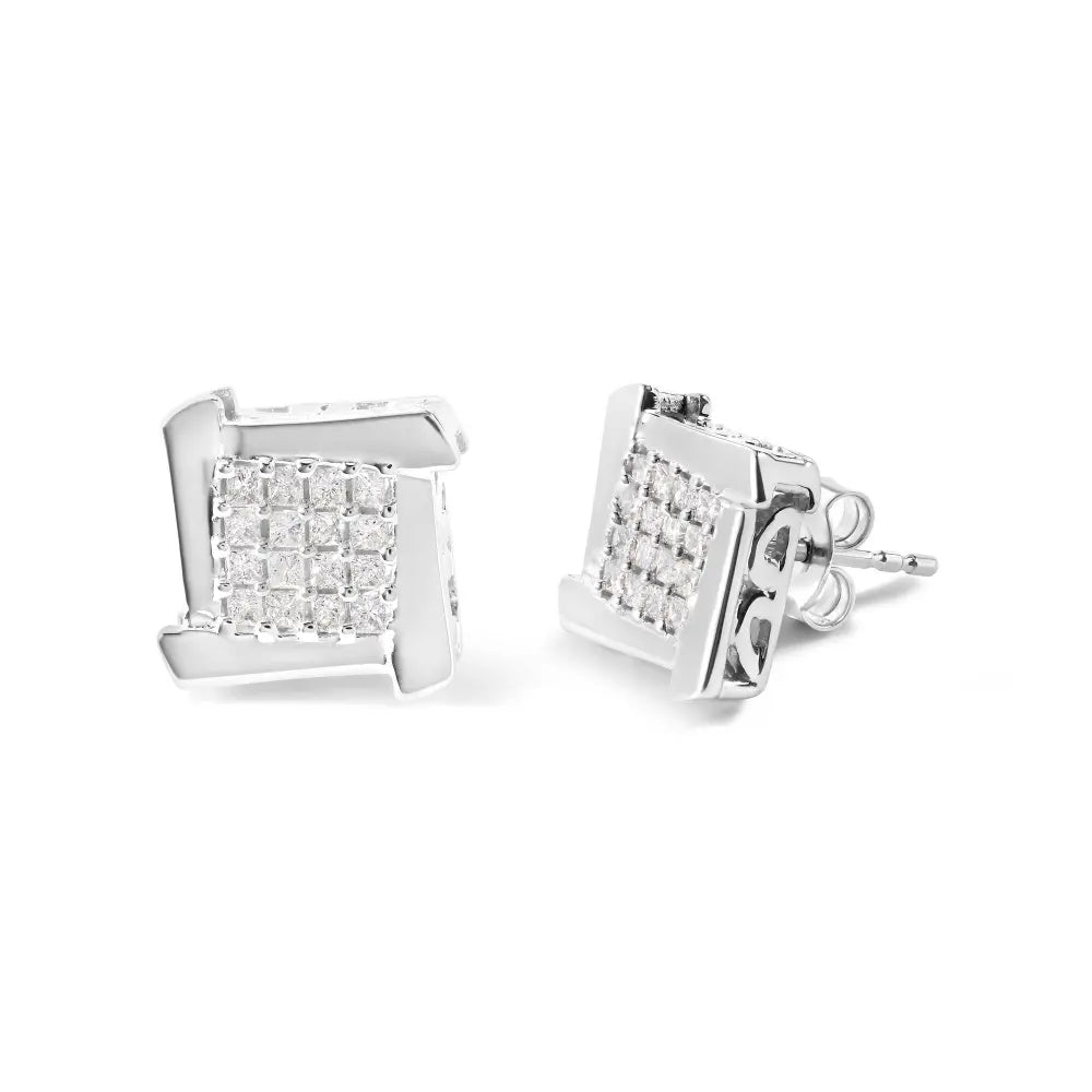 10K White Gold 1/2 Cttw Composite Princess Diamond Square and Swirl Stud Earrings (I-J Color, I1-I2 Clarity) - Bijoux-NYC Direct