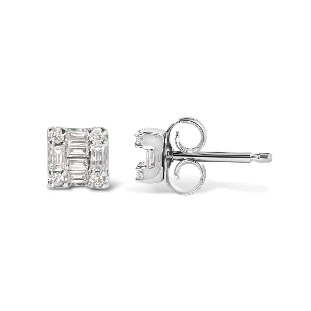 10K White Gold 1/7 Cttw Round and Baguette Diamond Mosaic Square Stud Earrings (H-I Color, I1-I2 Clarity) - Bijoux-NYC Direct
