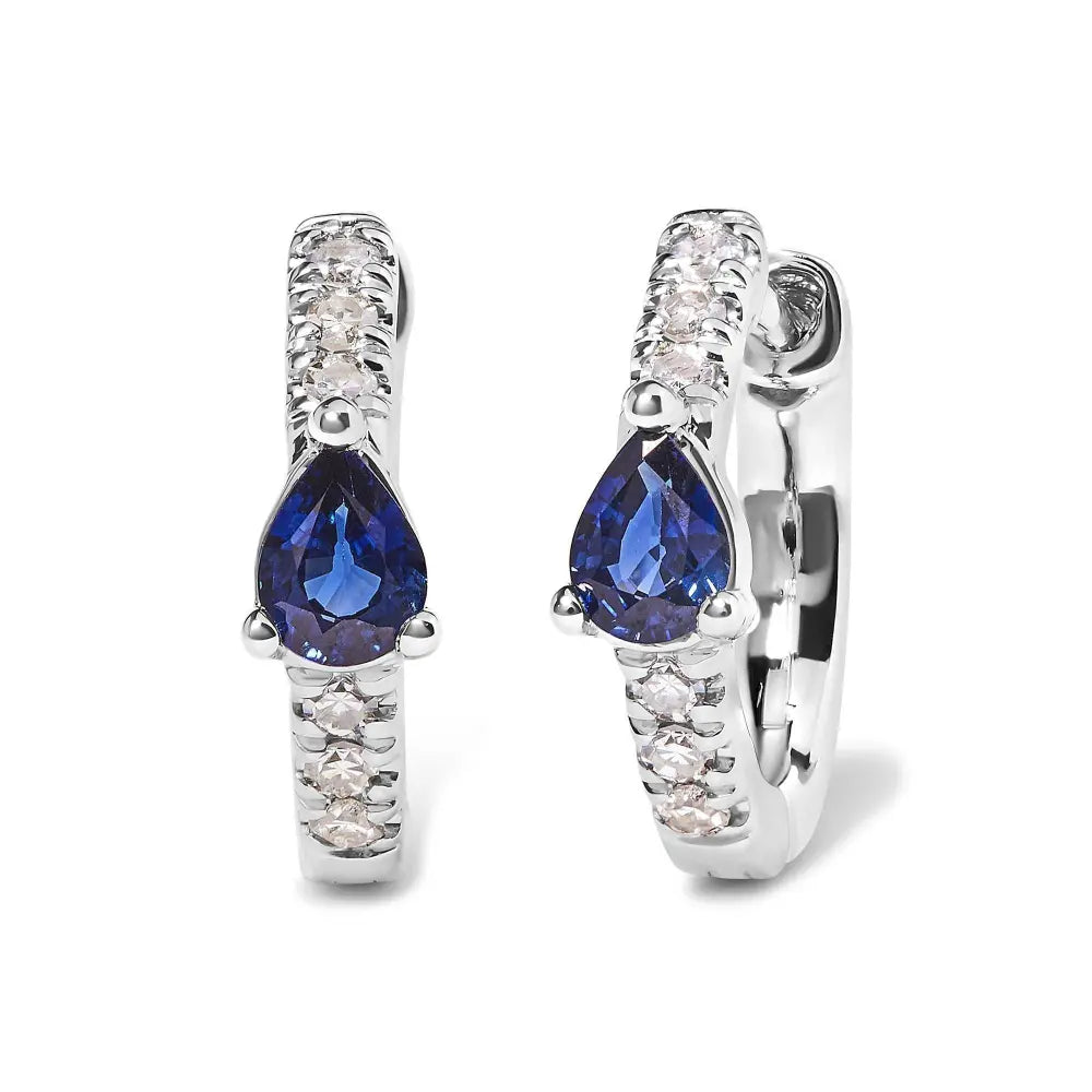 10K White Gold Pear Shaped Blue Sapphire and 1/10 Cttw Diamond Huggy Hoop Earrings (H-I Color, I1-I2 Clarity) - Bijoux-NYC Direct