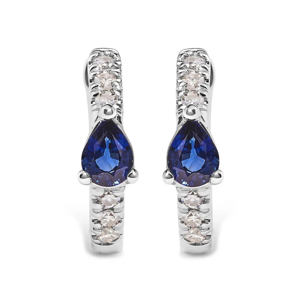 10K White Gold Pear Shaped Blue Sapphire and 1/10 Cttw Diamond Huggy Hoop Earrings (H-I Color, I1-I2 Clarity) - Bijoux-NYC Direct