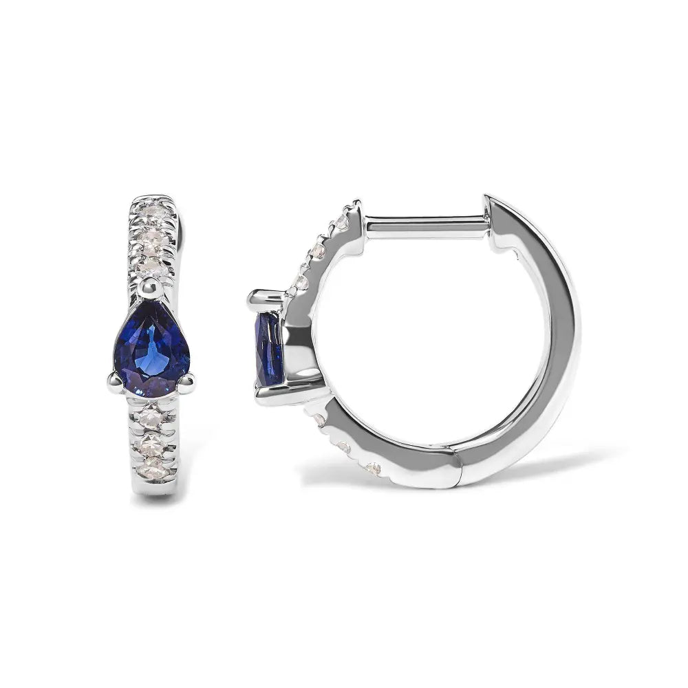 10K White Gold Pear Shaped Blue Sapphire and 1/10 Cttw Diamond Huggy Hoop Earrings (H-I Color, I1-I2 Clarity) - Bijoux-NYC Direct