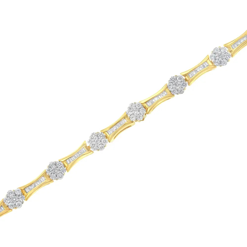 10K Yellow and White Gold 2.00 cttw Round and Baguette-Cut Diamond Link Bracelet (I-J Color, I2-I3 Clarity) - Size 7.25" - Bijoux-NYC Direct
