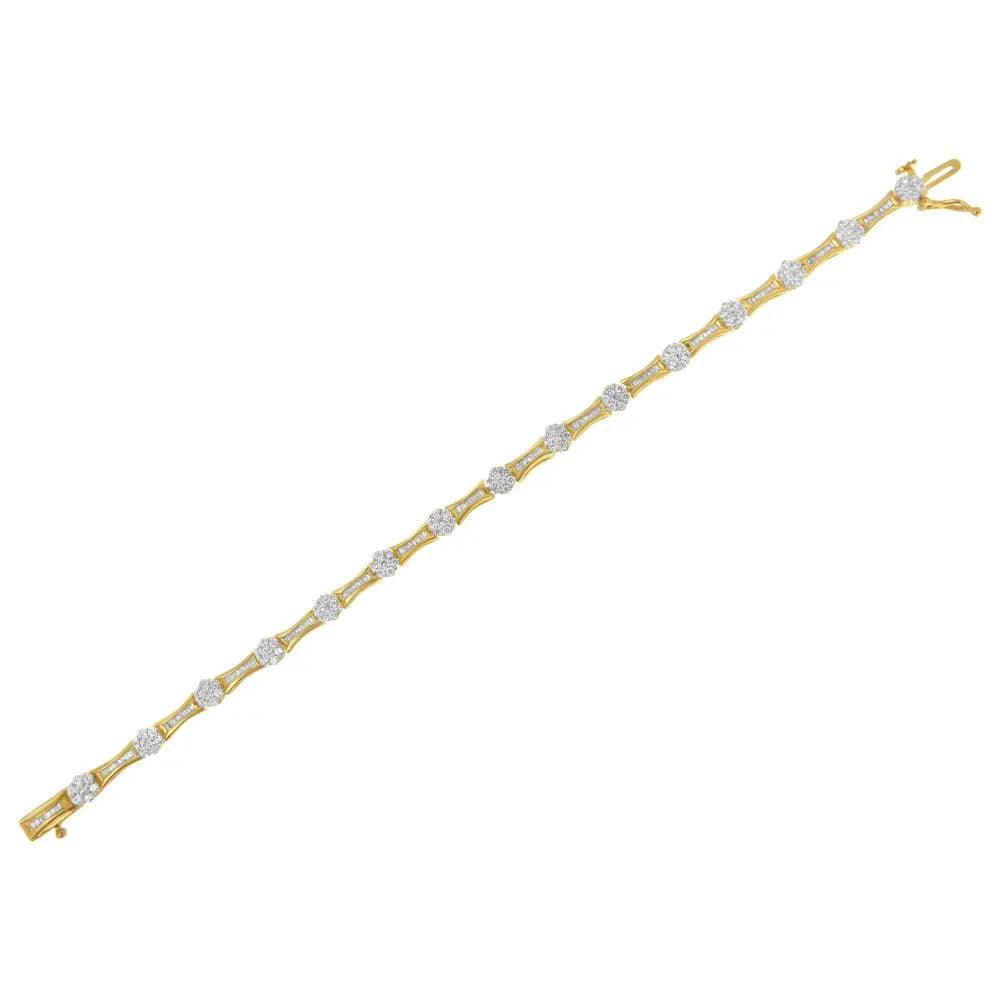 10K Yellow and White Gold 2.00 cttw Round and Baguette-Cut Diamond Link Bracelet (I-J Color, I2-I3 Clarity) - Size 7.25" - Bijoux-NYC Direct
