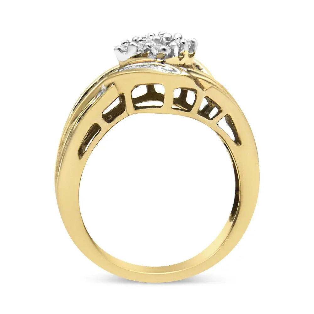 10K Yellow and White Gold 3/4 Cttw Diamond Cluster and Swirl Ring (H-I Color, I1-I2 Clarity) - Bijoux-NYC Direct