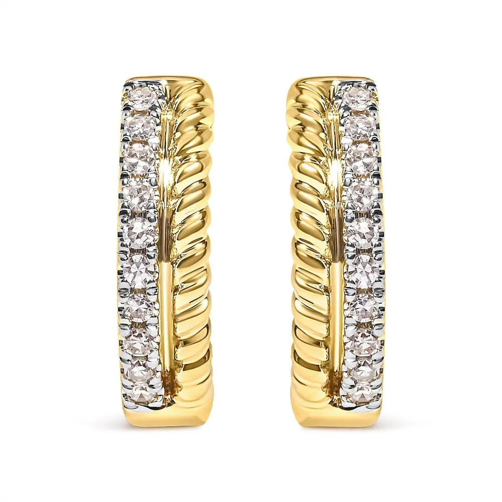 10K Yellow Gold 1/10 Cttw Diamond and Rope Twist Huggy Hoop Earrings (H-I Color, I1-I2 Clarity) - Bijoux-NYC Direct