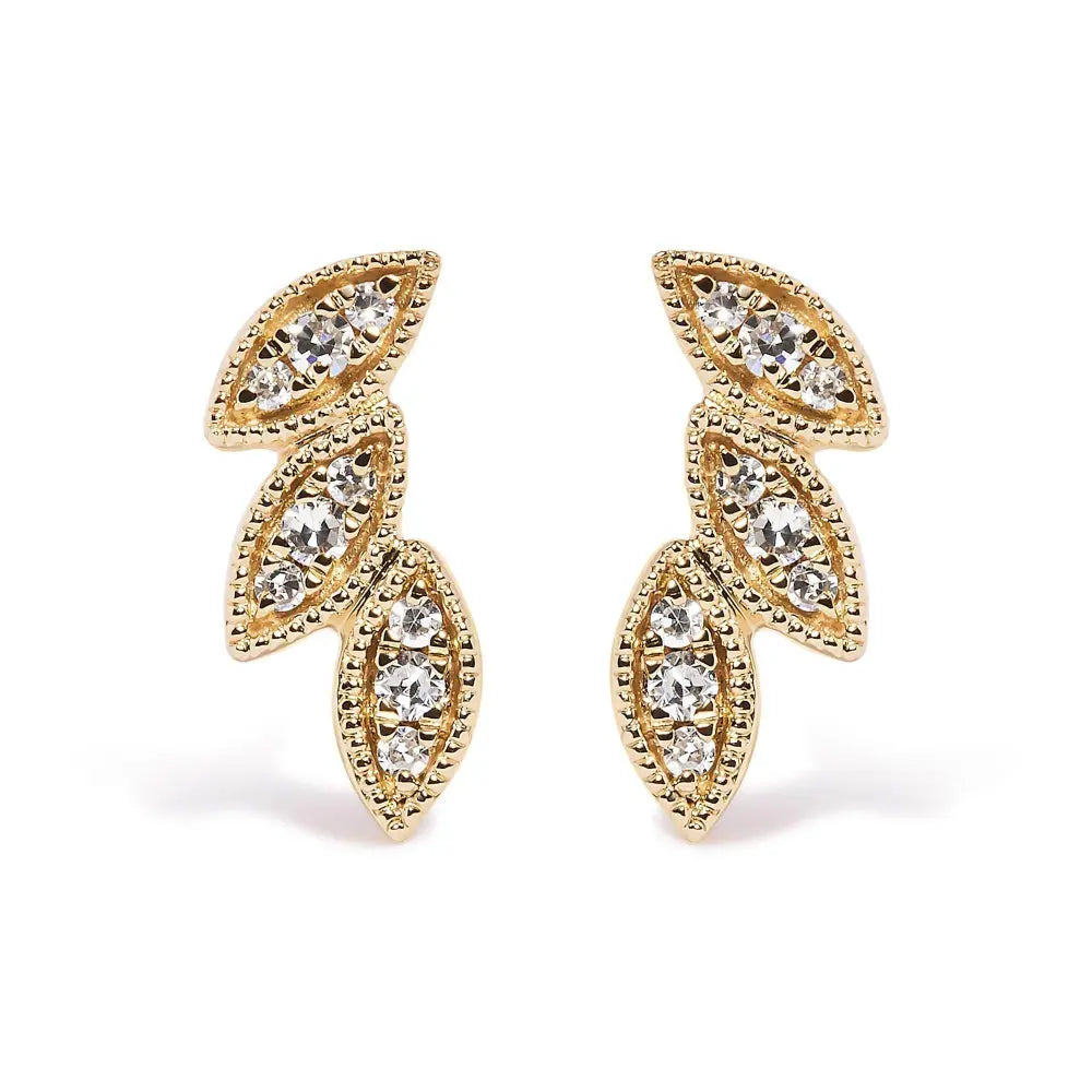 10K Yellow Gold 1/10 Cttw Diamond Triple Leaf Stud Earring (H-I Color, I1-I2 Clarity) - Bijoux-NYC Direct