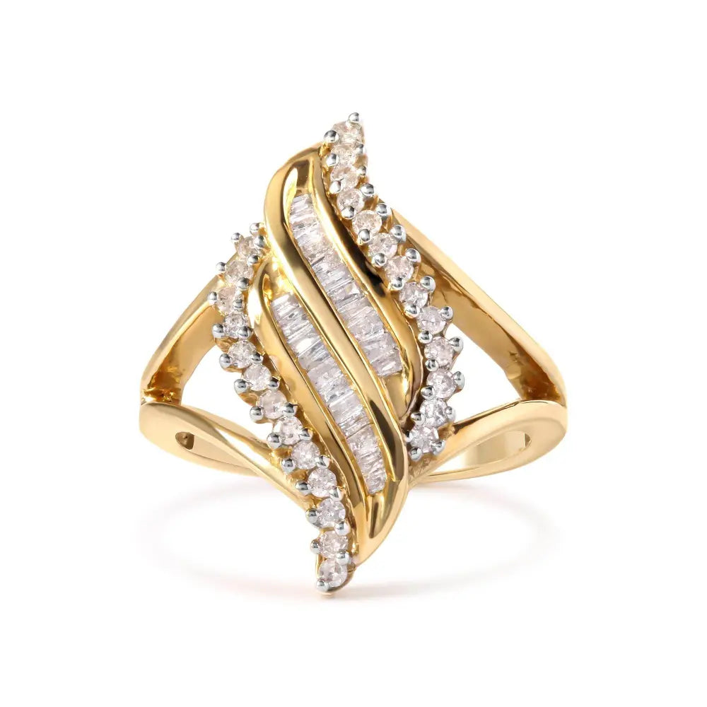 10K Yellow Gold 1/2 Cttw Round and Baguette Cut Diamond Cocktail Ring (H-I Color, I1-I2 Clarity) - Bijoux-NYC Direct