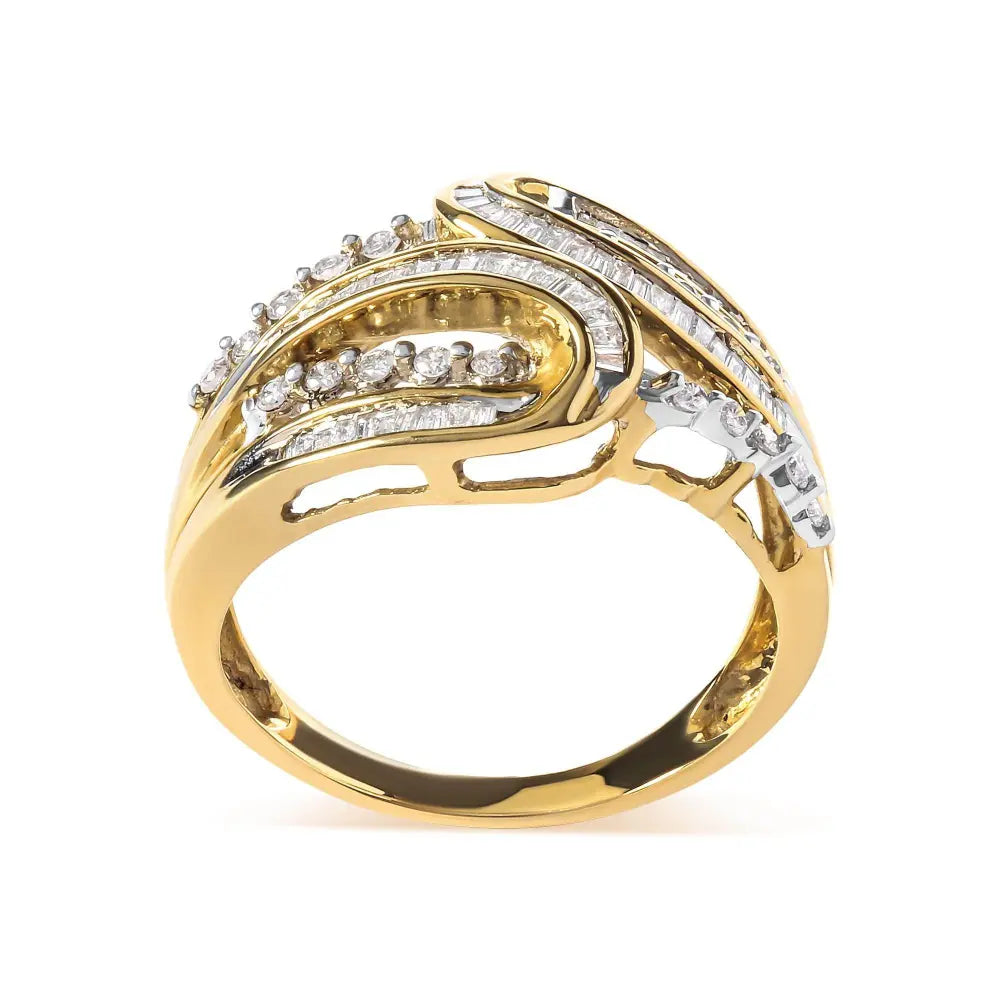 10K Yellow Gold 1/2 Cttw Round and Baguette cut Diamond Open Space Bypass Ring (H-I Color, SI2-I1 Clarity) - Bijoux-NYC Direct