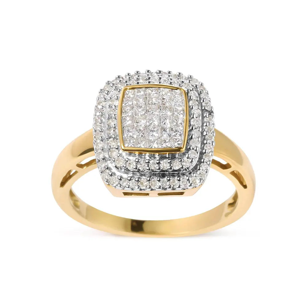 10K Yellow Gold 1/2 cttw Round and Princess Diamond Composite Head and Halo Ring (H-I Color, SI1-SI2 Clarity) - Bijoux-NYC Direct