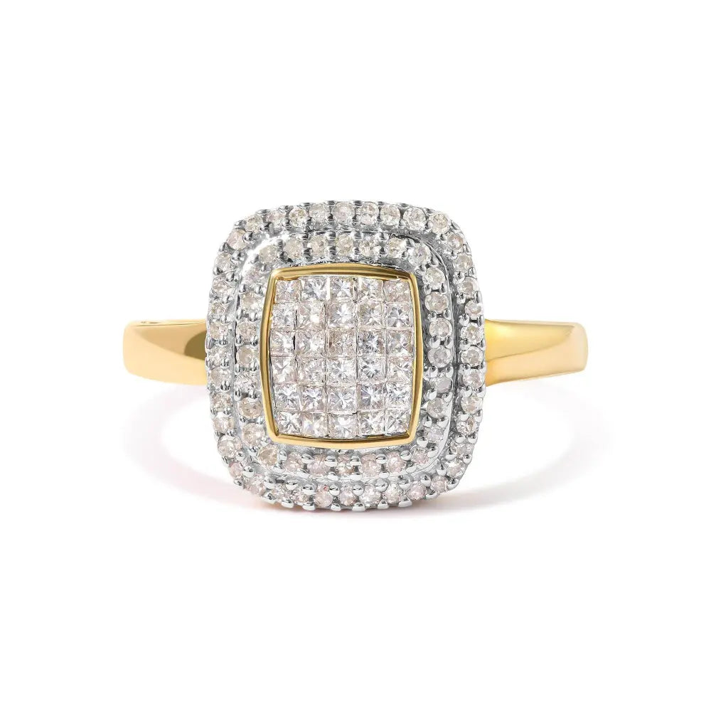 10K Yellow Gold 1/2 cttw Round and Princess Diamond Composite Head and Halo Ring (H-I Color, SI1-SI2 Clarity) - Bijoux-NYC Direct
