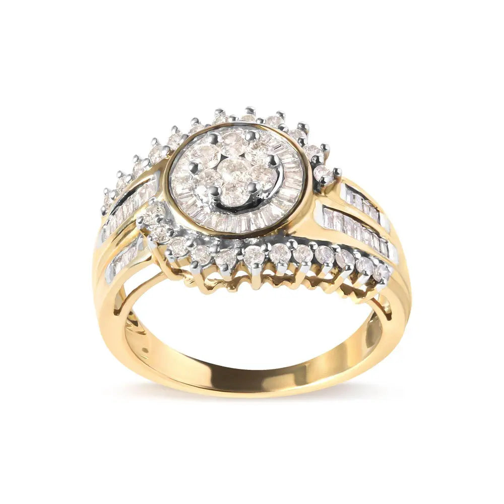 10K Yellow Gold 1 Cttw Round and Baguette cut Diamond Cluster Swirl Band Ring (H-I Color, I1-I2 Clarity) - Bijoux-NYC Direct