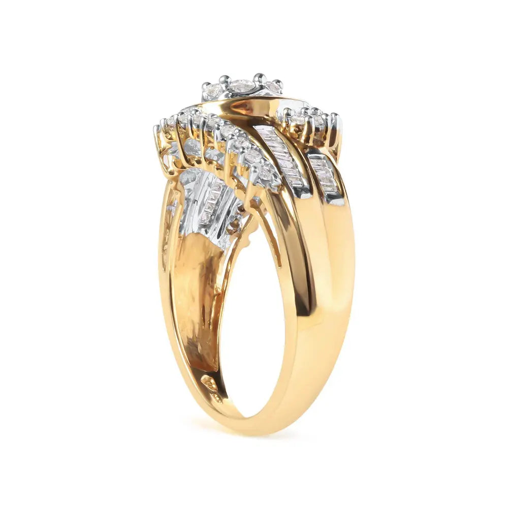10K Yellow Gold 1 Cttw Round and Baguette cut Diamond Cluster Swirl Band Ring (H-I Color, I1-I2 Clarity) - Bijoux-NYC Direct