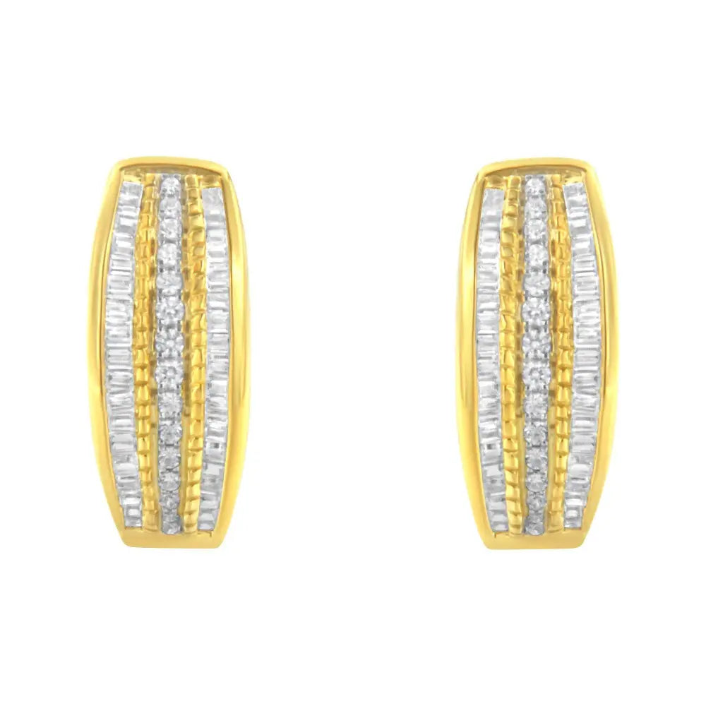 10K Yellow Gold 3/4 Cttw Pave and Channel Set Diamond Triple Row Modern Hoop Earrings (I-J Color, I2-I3 Clarity) - Bijoux-NYC Direct