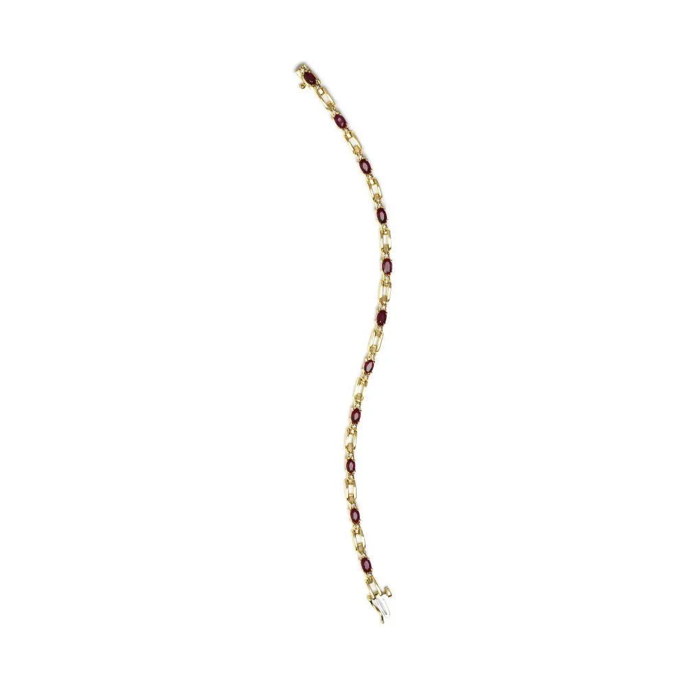 10K Yellow Gold Oval Ruby and 1/10 Cttw Diamond Bar Prong Set Bracelet (H-I Color, SI1-SI2 Clarity) - Size 7" - Bijoux-NYC Direct