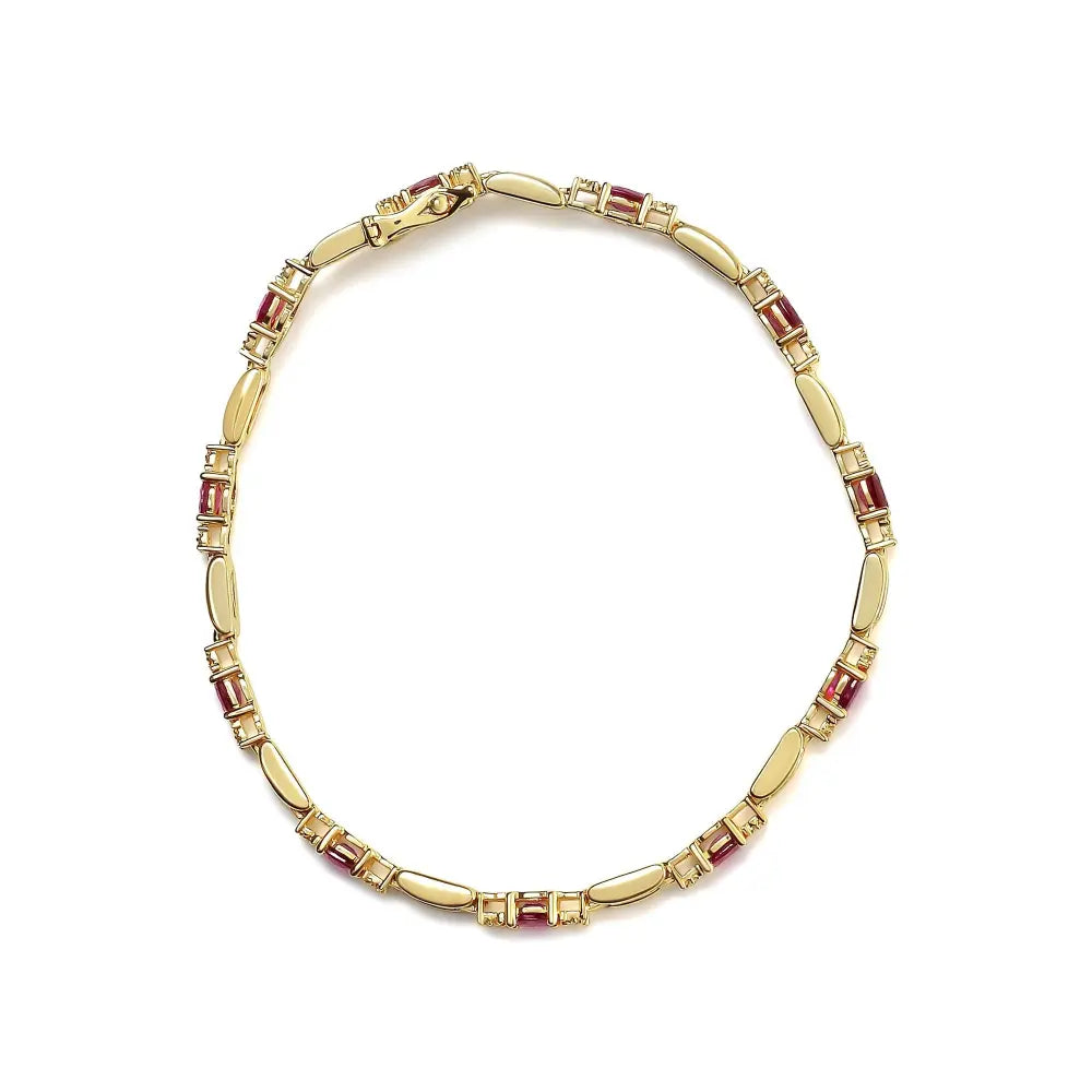 10K Yellow Gold Oval Ruby and 1/10 Cttw Diamond Bar Prong Set Bracelet (H-I Color, SI1-SI2 Clarity) - Size 7" - Bijoux-NYC Direct