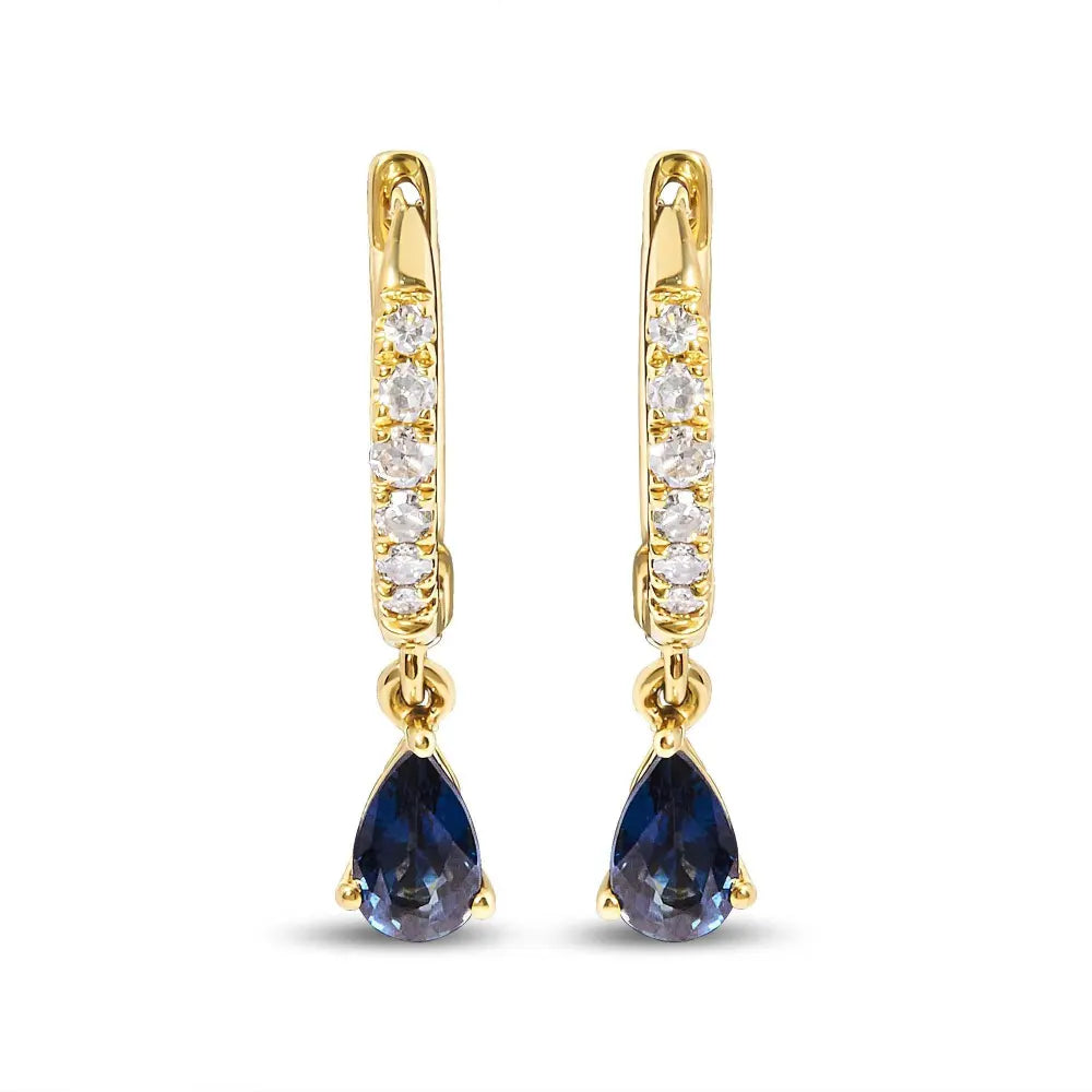 10K Yellow Gold Pear Blue Sapphire and 1/10 Cttw Diamond Drop and Dangle Huggy Hoop Earrings (H-I Color, I1-I2 Clarity) - Bijoux-NYC Direct