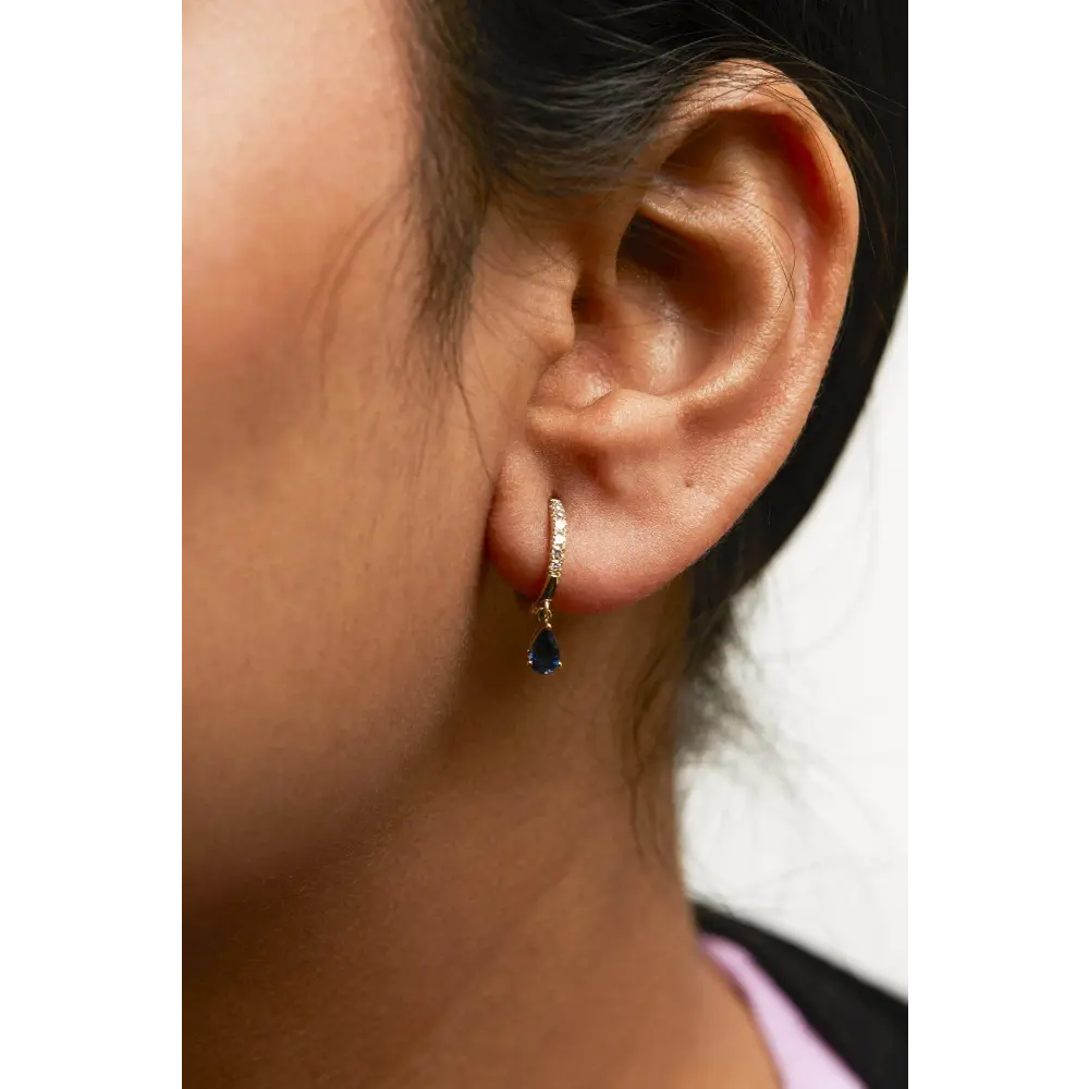 10K Yellow Gold Pear Blue Sapphire and 1/10 Cttw Diamond Drop and Dangle Huggy Hoop Earrings (H-I Color, I1-I2 Clarity) - Bijoux-NYC Direct