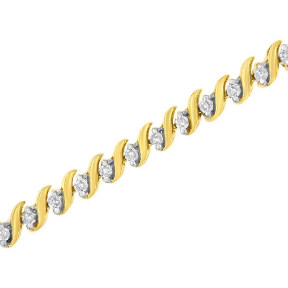 10k yellow gold plated.925 sterling silver 1/2 cttw 2 prong set diamond s link tennis bracelet (i j color i3 clarity) 7.25’’