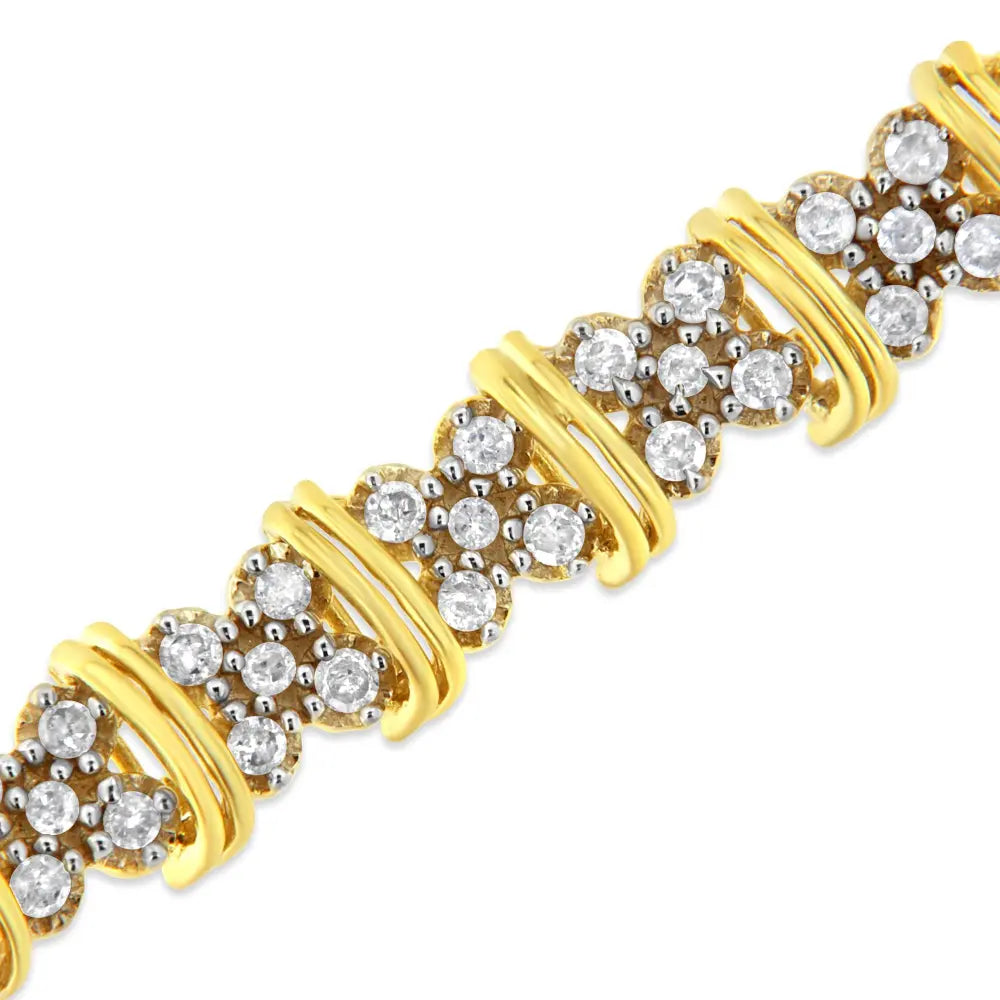 10K Yellow Gold Plated .925 Sterling Silver 2.0 Cttw Round Diamond Cluster "X" Shaped Link Bracelet (H-I Color, I3 Clarity) - 7" - Bijoux-NYC Direct