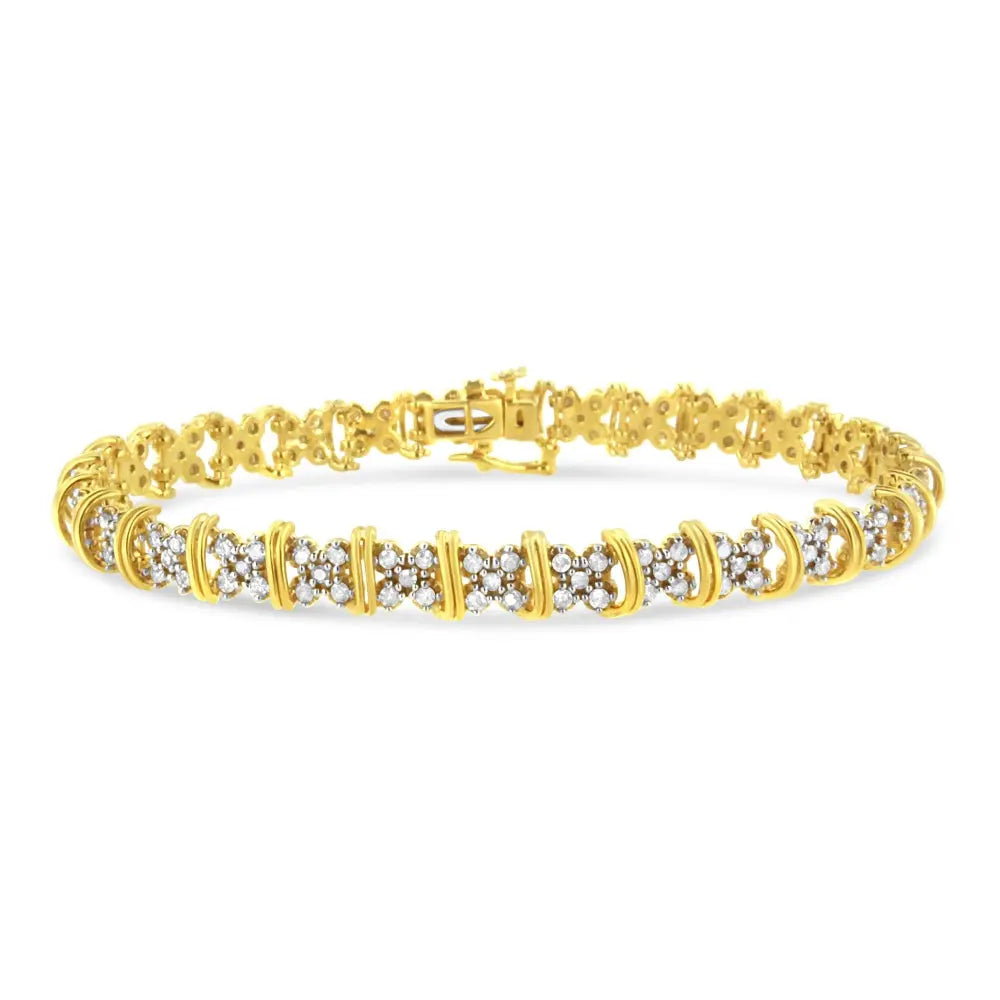 10K Yellow Gold Plated .925 Sterling Silver 2.0 Cttw Round Diamond Cluster "X" Shaped Link Bracelet (H-I Color, I3 Clarity) - 7" - Bijoux-NYC Direct
