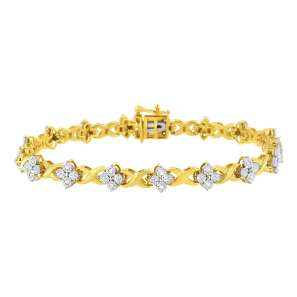 10K Yellow Gold Plated Sterling Silver 1/4 cttw Diamond 4 Leaf Clover Link Tennis Bracelet (I-J Color, I2-I3 Clarity) - Size 7.25" - Bijoux-NYC Direct