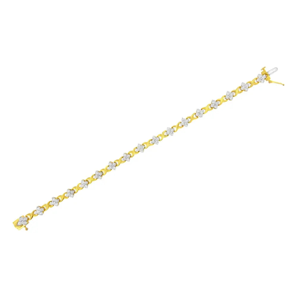 10K Yellow Gold Plated Sterling Silver 1/4 cttw Diamond 4 Leaf Clover Link Tennis Bracelet (I-J Color, I2-I3 Clarity) - Size 7.25" - Bijoux-NYC Direct