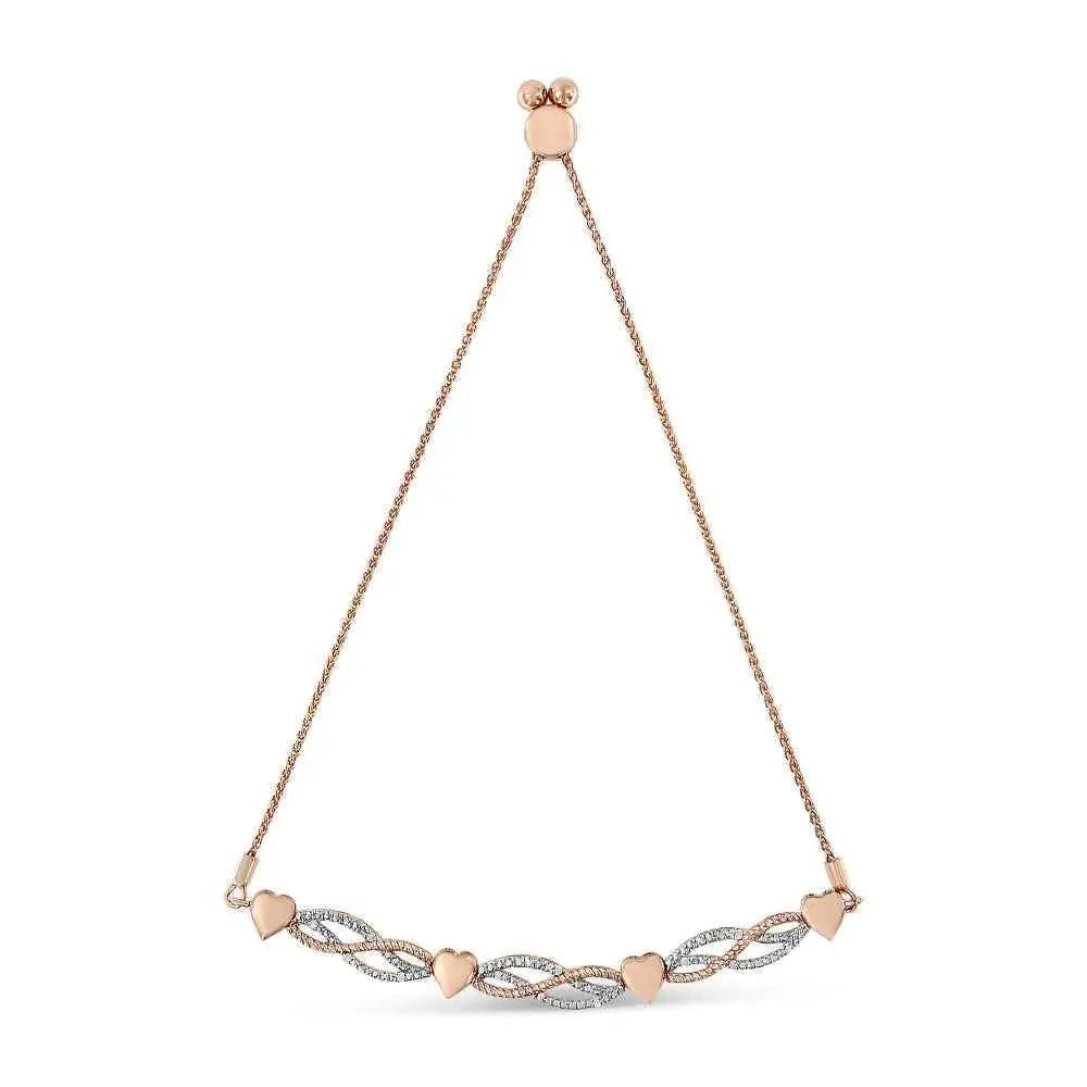 14K Rose Gold Plated .925 Sterling Silver Cttw Diamond Accent Layered Infinity Link and Heart Adjustable Bolo Bracelet (I-J Color, I3 Clarity) - Bijoux-NYC Direct