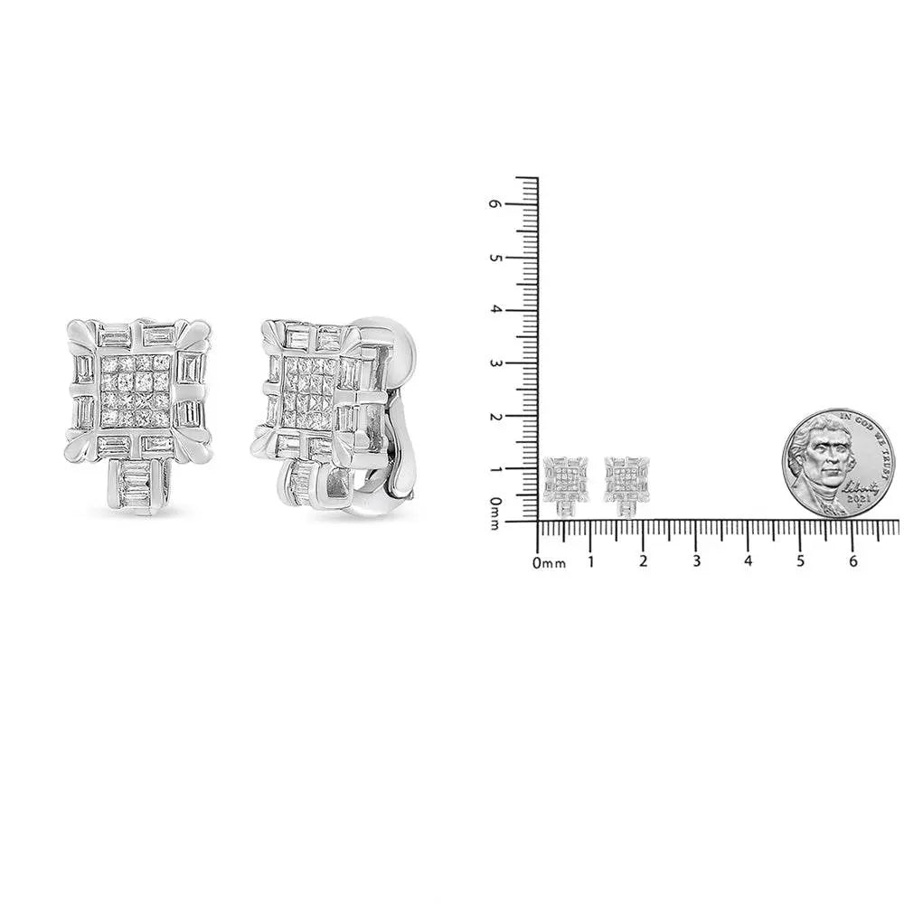14K White Gold 1.0 Cttw Princess and Baguette-Cut Diamond Square Framed Huggie Hoop Omega Earrings (H-I Color, SI1-SI2 Clarity) - Bijoux-NYC Direct