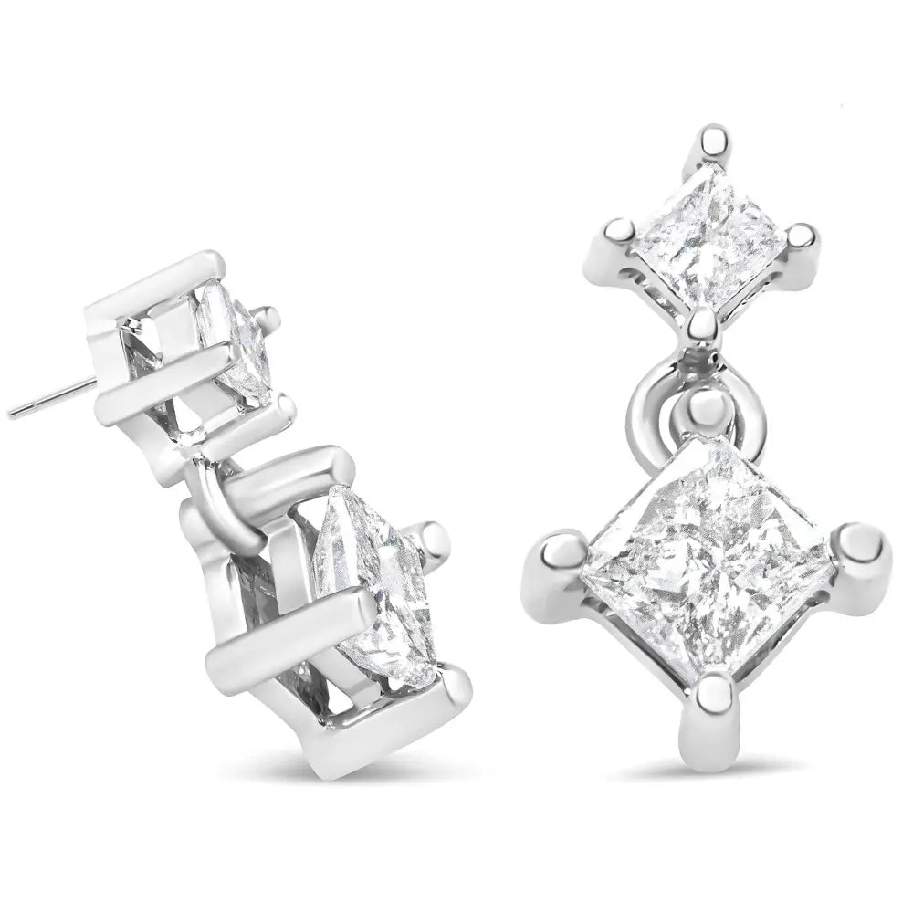 14K White Gold 1.0 Cttw Princess-Cut Double Diamond Drop Stud Earrings for Women (H-I Color, I1-I2 Clarity) - Bijoux-NYC Direct