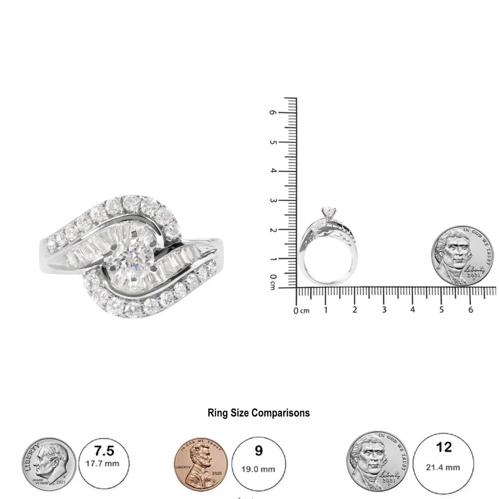 14K White Gold 1.00 Cttw Round and Baguette cut Diamond Swirl Cocktail Ring (H-I Color, SI2-I1 Clarity) - Bijoux-NYC Direct