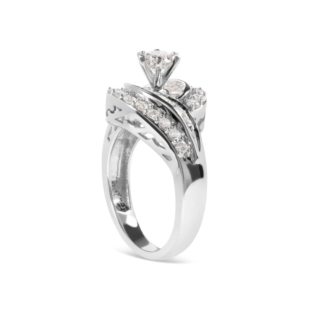 14K White Gold 1.00 Cttw Round and Baguette cut Diamond Swirl Cocktail Ring (H-I Color, SI2-I1 Clarity) - Bijoux-NYC Direct