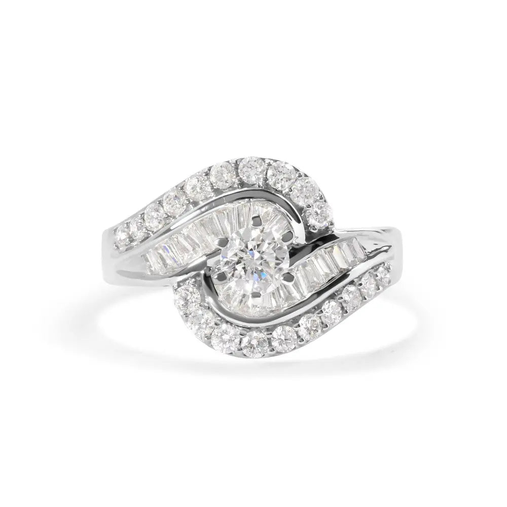 14K White Gold 1.00 Cttw Round and Baguette cut Diamond Swirl Cocktail Ring (H-I Color, SI2-I1 Clarity) - Bijoux-NYC Direct