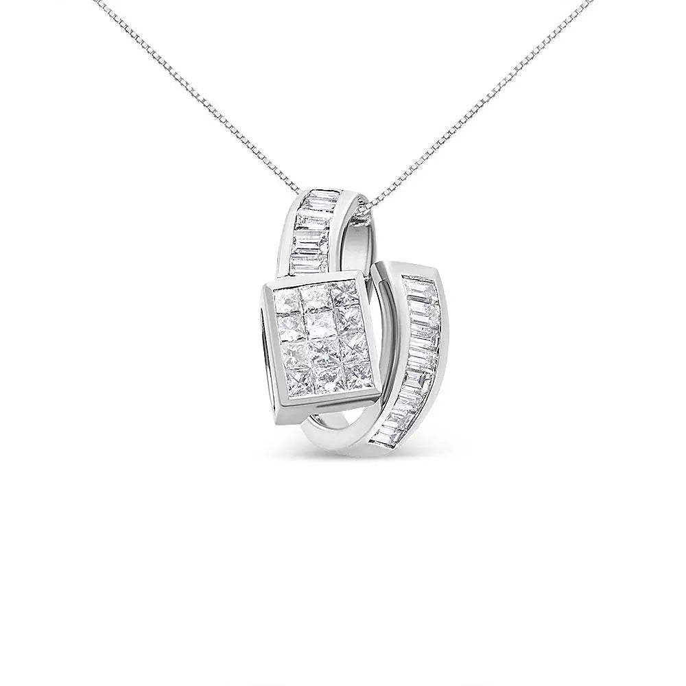 14K White Gold 2 cttw Princess and Baguette Cut Diamond Double Loop Pendant Necklace (G-H, VS1-VS2) - Bijoux-NYC Direct