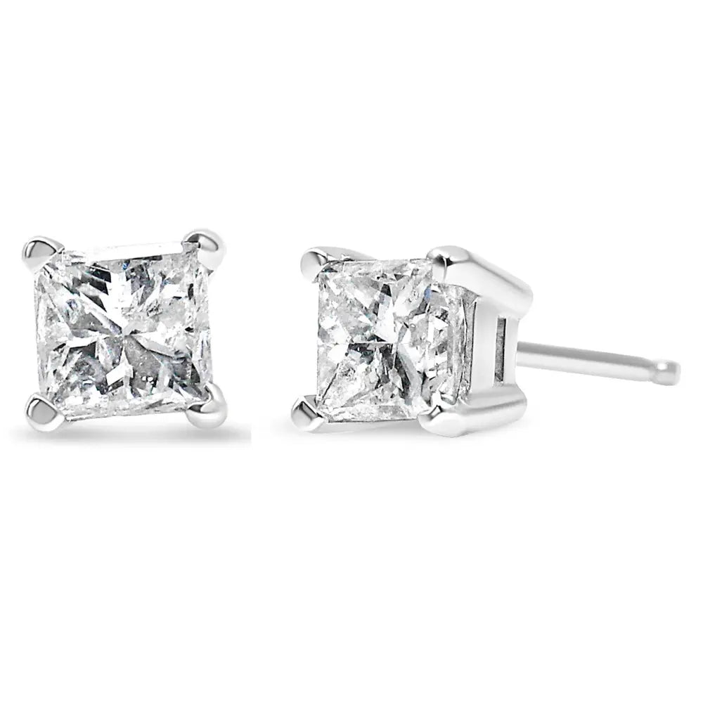 14K White Gold 3/8 Cttw Princess-Cut Square Diamond Classic 4-Prong Solitaire Stud Earrings(H-I, I1-I2) - Bijoux-NYC Direct