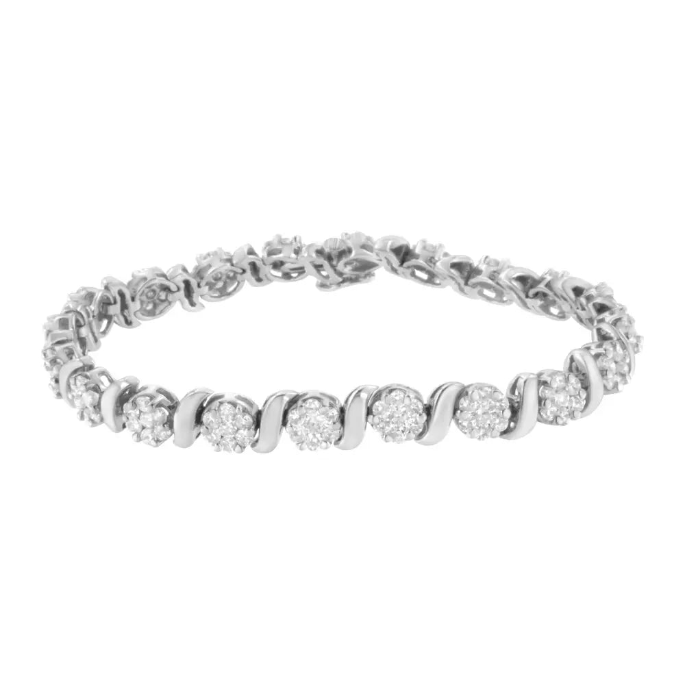 14K White Gold 5 1/4 cttw Diamond S-Link Floral Cluster Tennis Bracelet (I-J Clarity, SI2-I1 Color) - Size 7" - Bijoux-NYC Direct