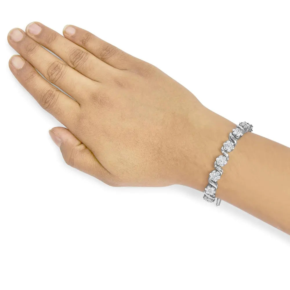 14k white gold 7 3/8 cttw round brilliant diamond floral cluster and s link bracelet (h i color si2 i1 clarity) 7’’ inches