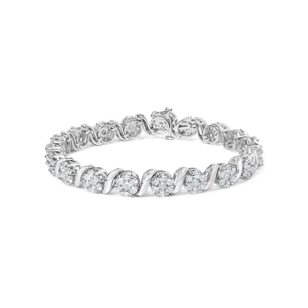 14k white gold 7 3/8 cttw round brilliant diamond floral cluster and s link bracelet (h i color si2 i1 clarity) 7’’ inches