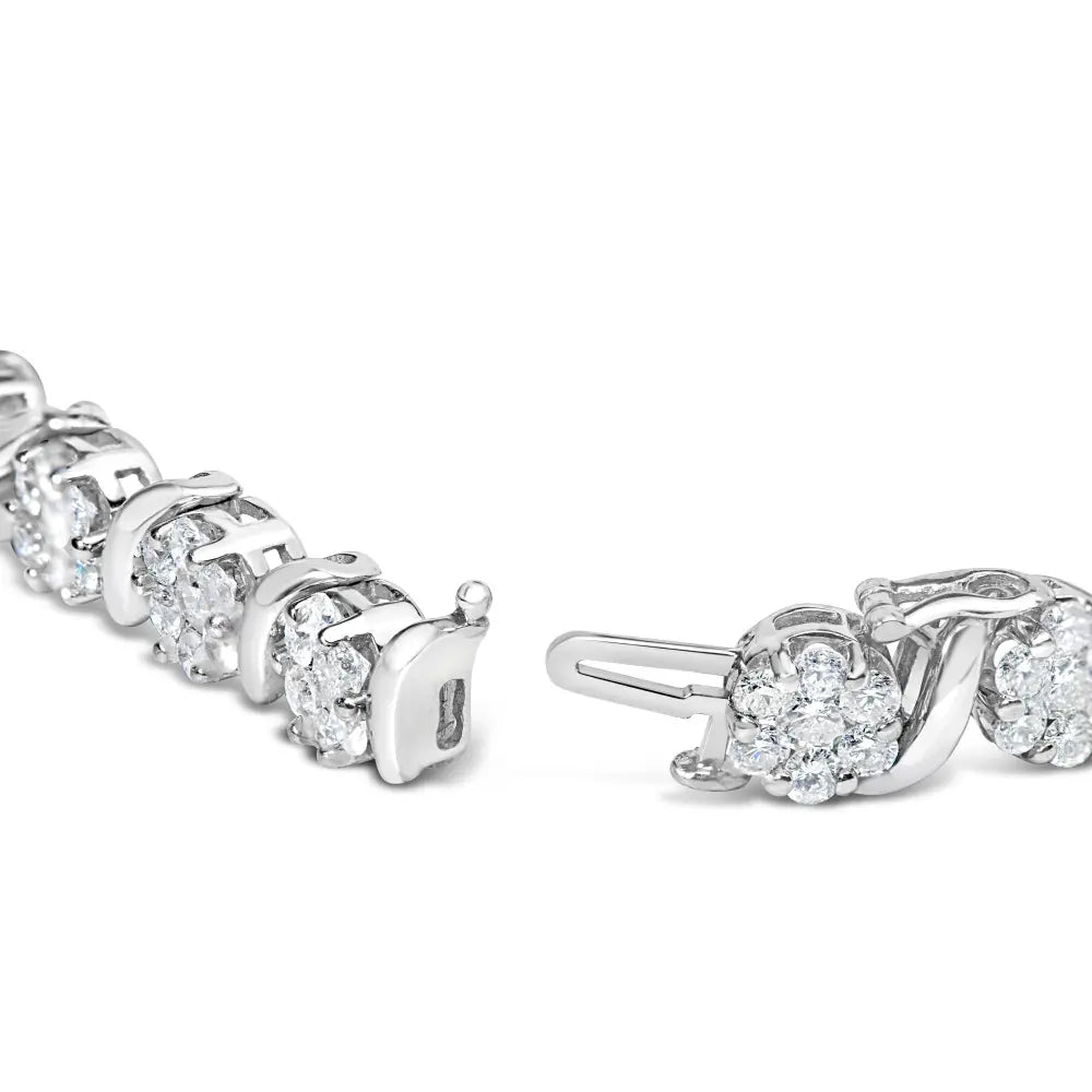 14k white gold 7 3/8 cttw round brilliant diamond floral cluster and s link bracelet (h i color si2 i1 clarity) 7’’ inches