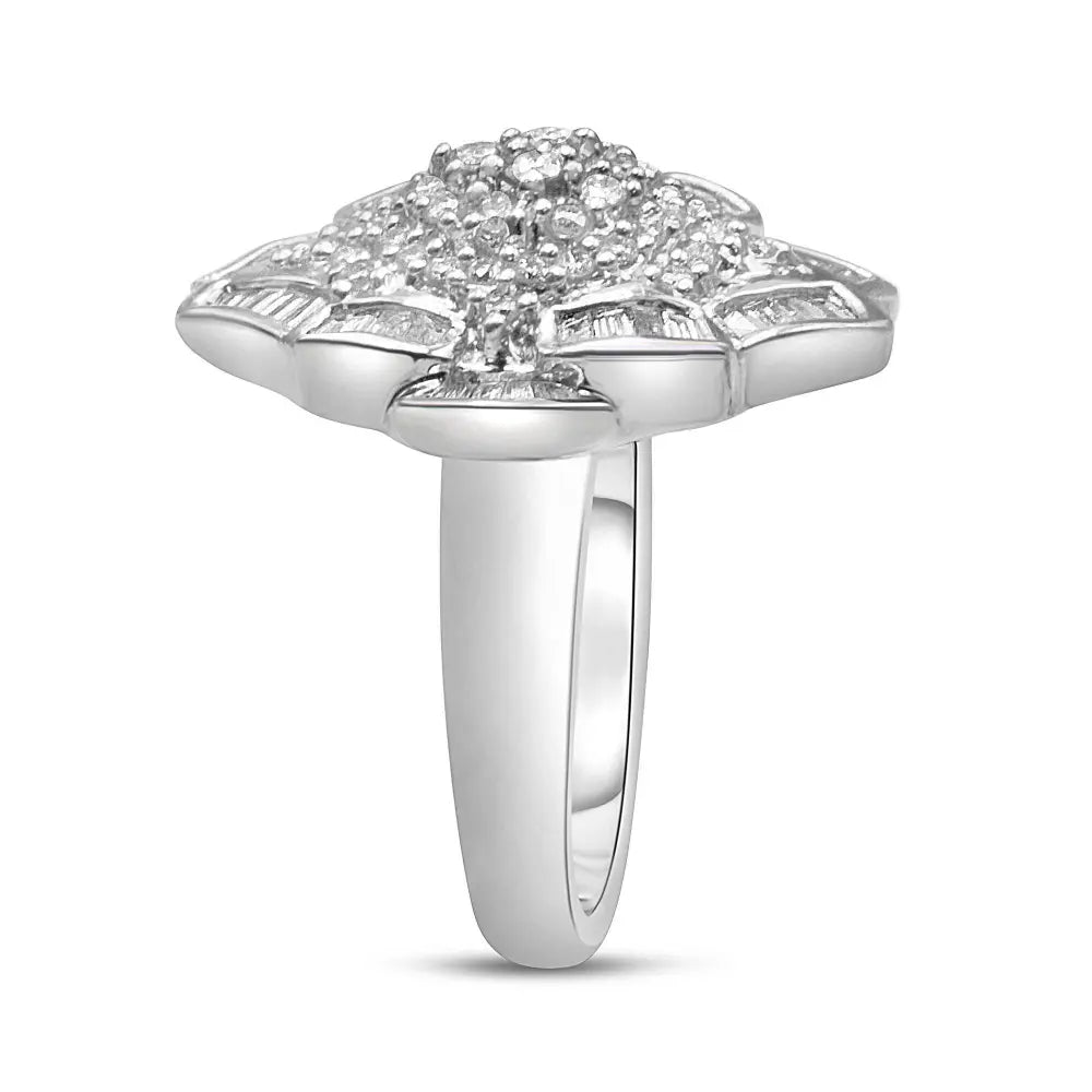 14K White Gold 7/8 Cttw Round and Baguette-Cut Diamond Cluster Ring (H-I Color, SI2-I1 Clarity) - Bijoux-NYC Direct