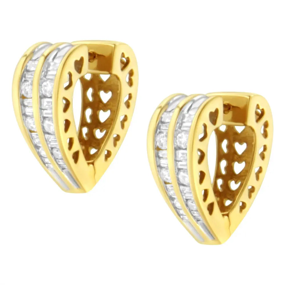14K Yellow and White Gold 1.0 Cttw Channel Set Round and Baguette Diamond Multi Row Huggy Hoop Earrings (I-J Color, I2-I3 Clarity) - Bijoux-NYC Direct