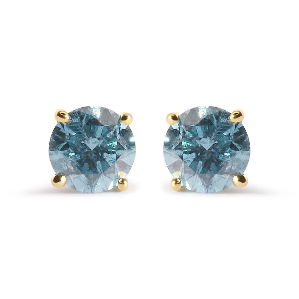 14K Yellow Gold 1.0 Cttw Treated Aqua Blue Diamond Classic Solitaire Stud Earrings (Aqua Blue Color, I2-I3 Clarity) - Bijoux-NYC Direct