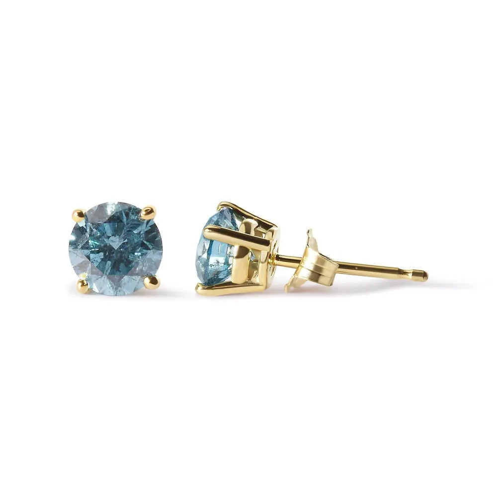 14K Yellow Gold 1.0 Cttw Treated Aqua Blue Diamond Classic Solitaire Stud Earrings (Aqua Blue Color, I2-I3 Clarity) - Bijoux-NYC Direct