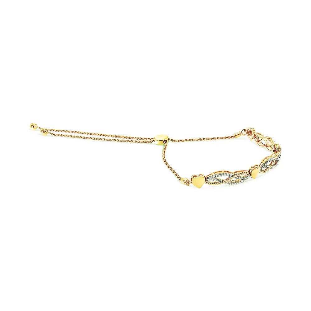 14k yellow gold plated.925 sterling silver 1/10 cttw diamond wave and hearts bolo bracelet (i j color i2 i3 clarity) 4’’ 10’’