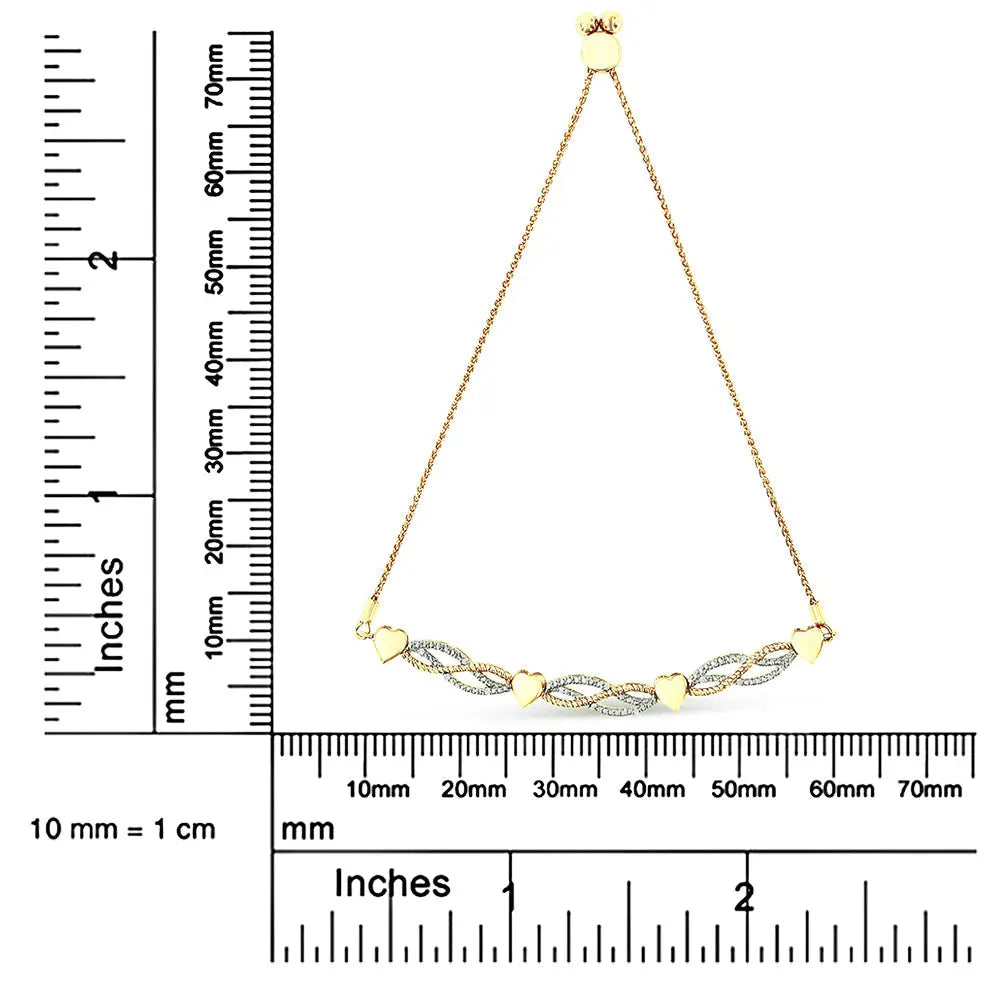14k yellow gold plated.925 sterling silver 1/10 cttw diamond wave and hearts bolo bracelet (i j color i2 i3 clarity) 4’’ 10’’